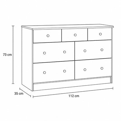 Dimensions de la commode en bois 7 tiroirs : 112 × 35 × 73 cm, dessin technique.