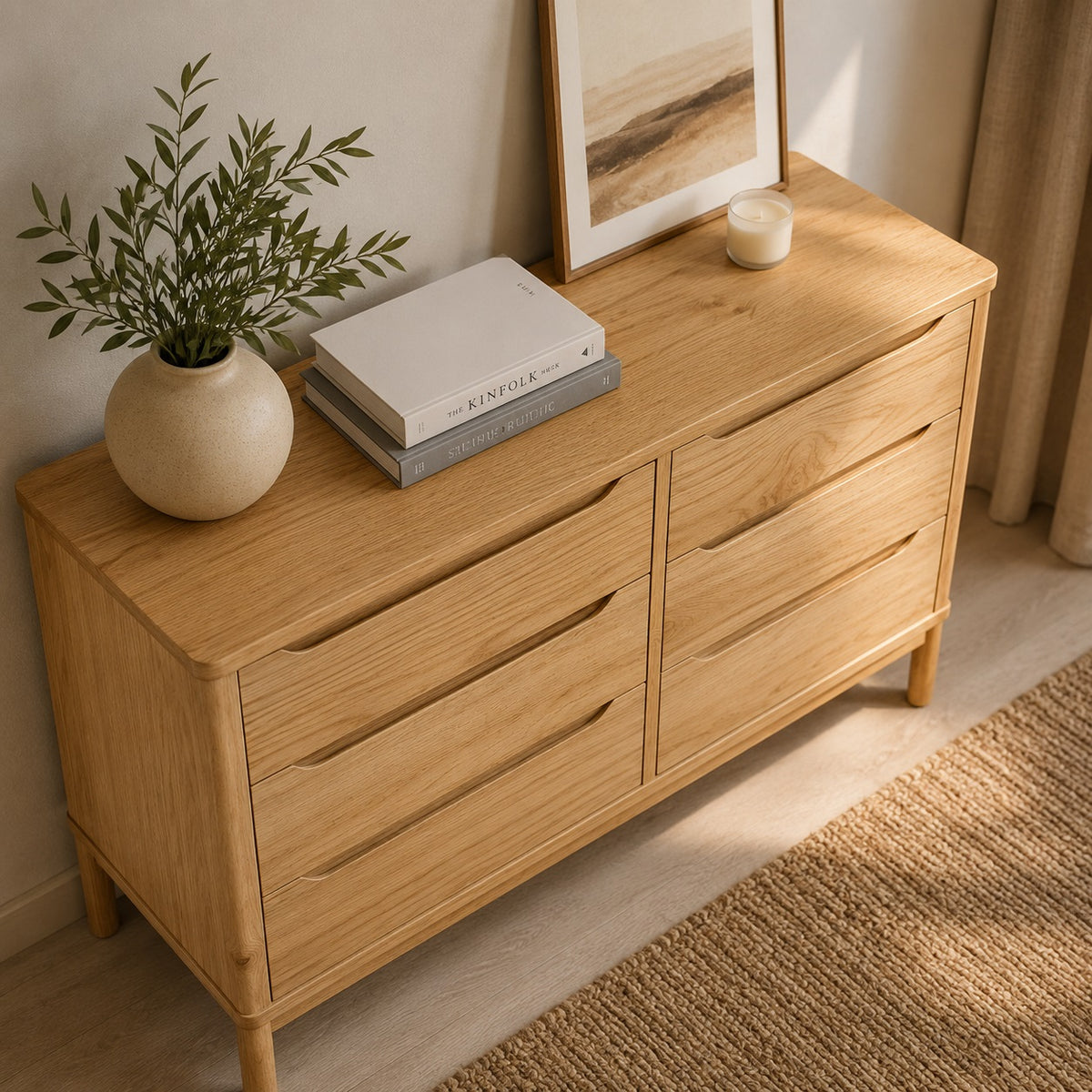 Vue du dessus de la commode 6 tiroirs Zelio en bois clair avec plateau spacieux et finition naturelle