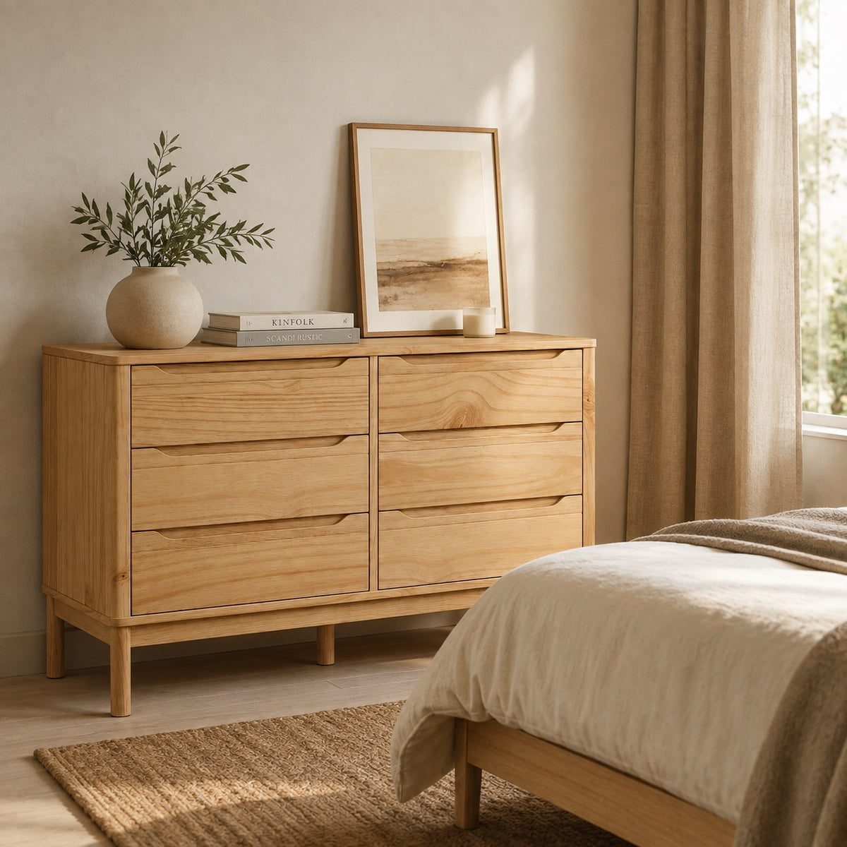Commode en bois Zelio à 6 tiroirs dans une chambre lumineuse au style naturel et scandinave