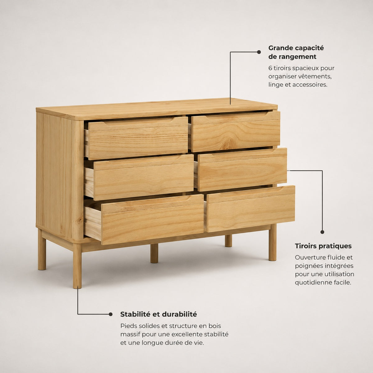 Commode 6 tiroirs Zelio en bois avec rangements spacieux, poignées intégrées et pieds robustes
