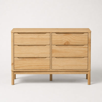 Vue de face de la commode en bois Zelio à 6 tiroirs, design épuré avec poignées intégrées