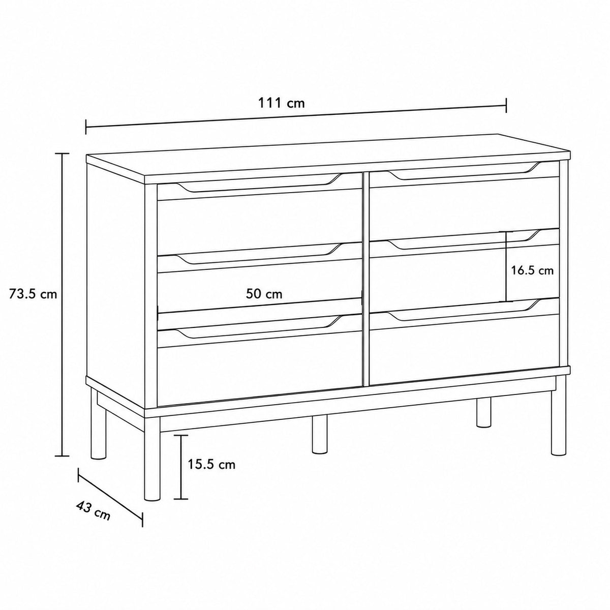 Dimensions de la commode 6 tiroirs Zelio en bois : 111 cm de large, 73,5 cm de haut et 43 cm de profondeur