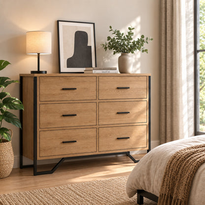 Commode en bois 6 tiroirs style industriel dans une chambre moderne avec finition chêne artisanal.