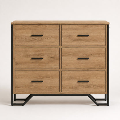 Commode en bois 6 tiroirs style industriel vue de face finition chêne artisanal et métal noir.
