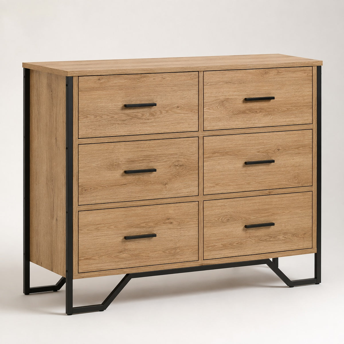 Commode en bois 6 tiroirs style industriel finition chêne artisanal avec structure en métal noir.