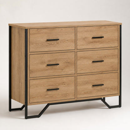 Commode en bois 6 tiroirs style industriel finition chêne artisanal avec structure en métal noir.