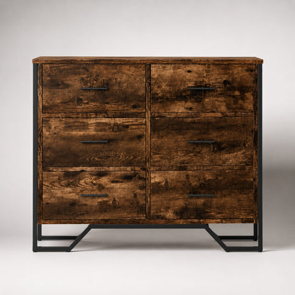 Commode en bois 6 tiroirs style industriel vue de face finition chêne fumé et métal noir.