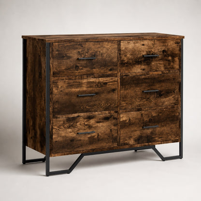 Commode en bois 6 tiroirs style industriel finition chêne fumé avec piètement en métal noir.