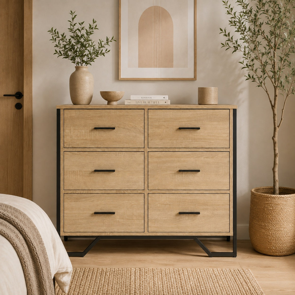Commode en bois 6 tiroirs style industriel finition chêne sonoma avec décoration contemporaine.