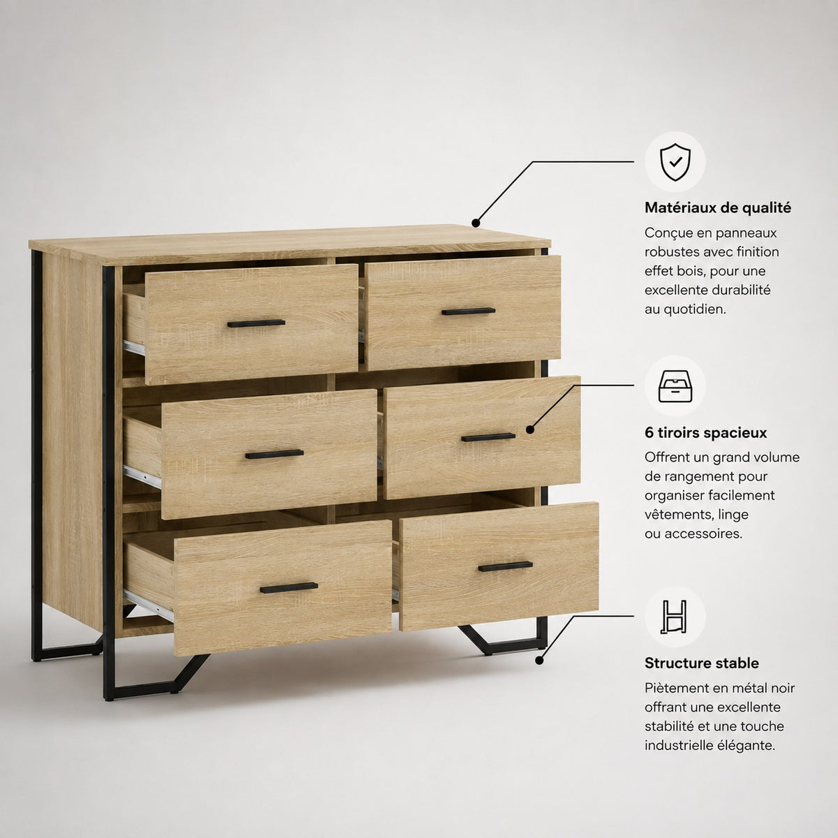 Commode en bois 6 tiroirs style industriel avec grands rangements, structure robuste et finition effet bois.