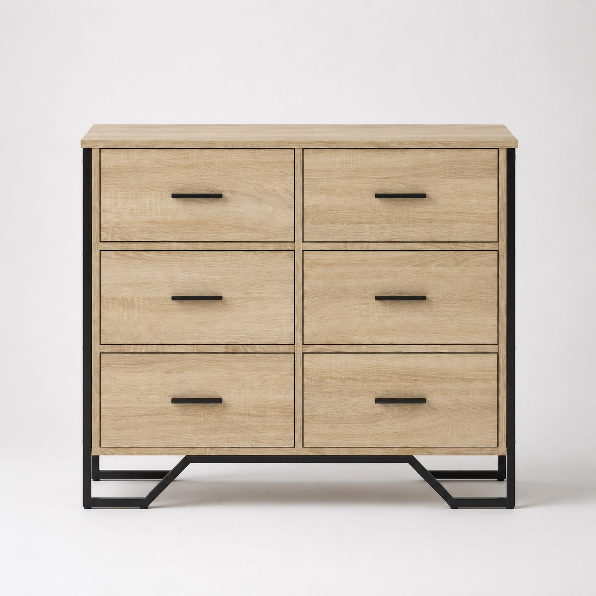 Commode en bois 6 tiroirs style industriel vue de face finition chêne sonoma et métal noir.
