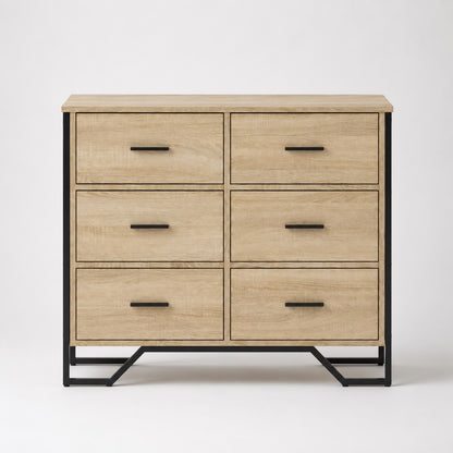 Commode en bois 6 tiroirs style industriel vue de face finition chêne sonoma et métal noir.