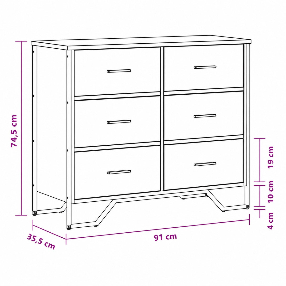 Dimensions d'une commode en bois 6 tiroirs style industriel avec plan coté en centimètres.