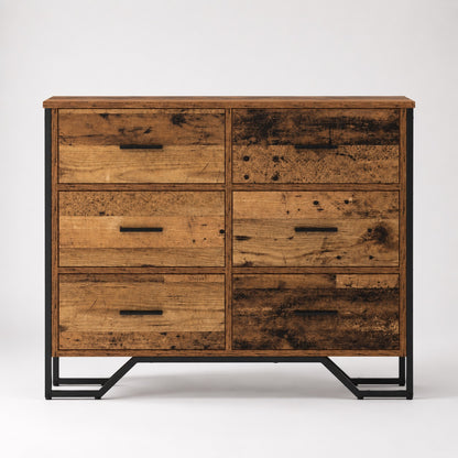 Commode en bois 6 tiroirs style industriel vue de face finition vieux bois et piètement en métal noir.