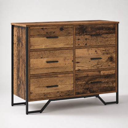 Commode en bois 6 tiroirs style industriel finition vieux bois avec structure en métal noir.