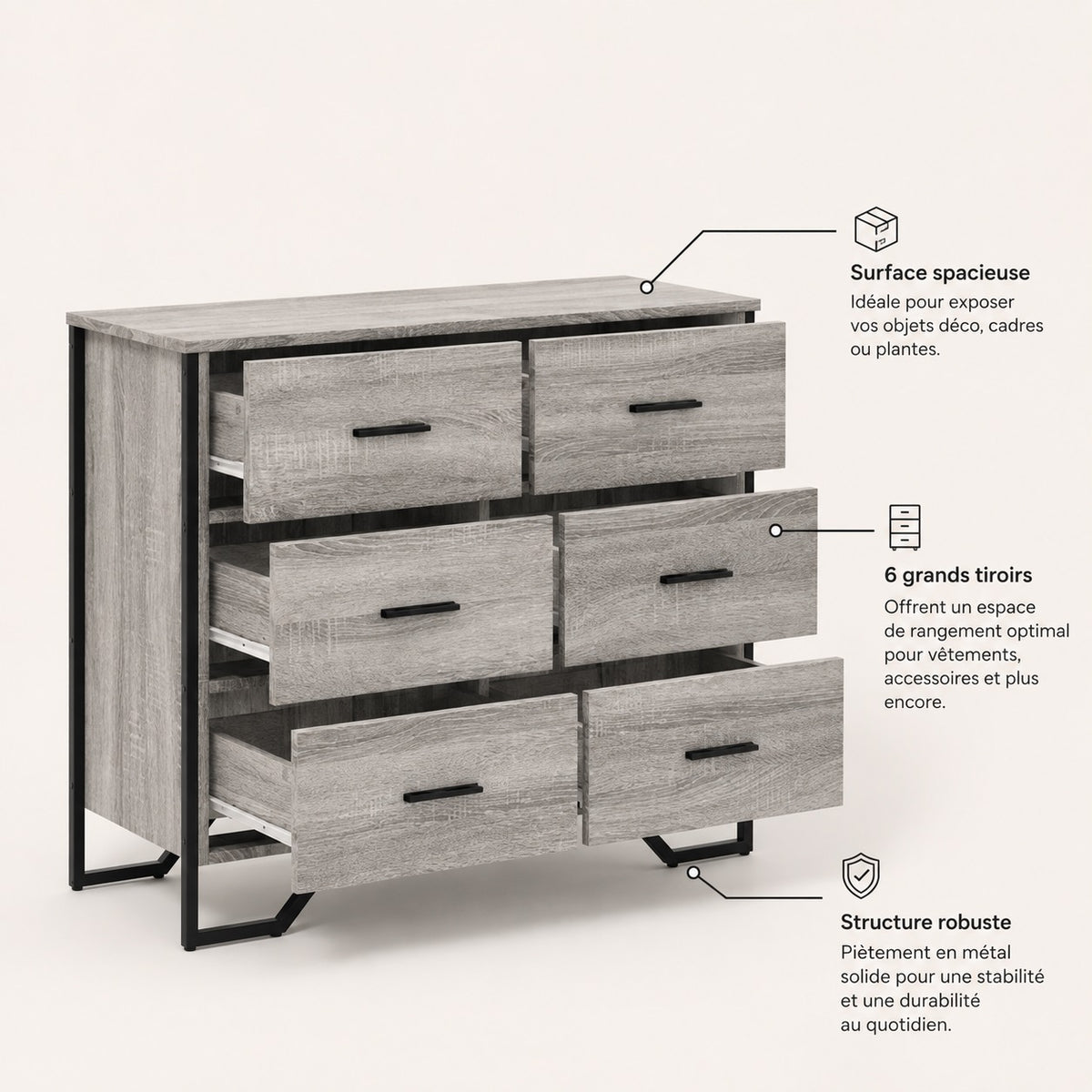 Commode industriel Oslo grise avec 6 grands tiroirs, plateau spacieux et structure robuste en métal noir