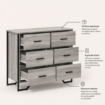 Commode industriel Oslo grise avec 6 grands tiroirs, plateau spacieux et structure robuste en métal noir