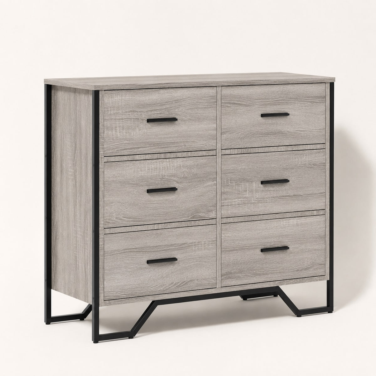 Commode grise Oslo à 6 tiroirs avec finition effet bois et structure en métal noir, style industriel