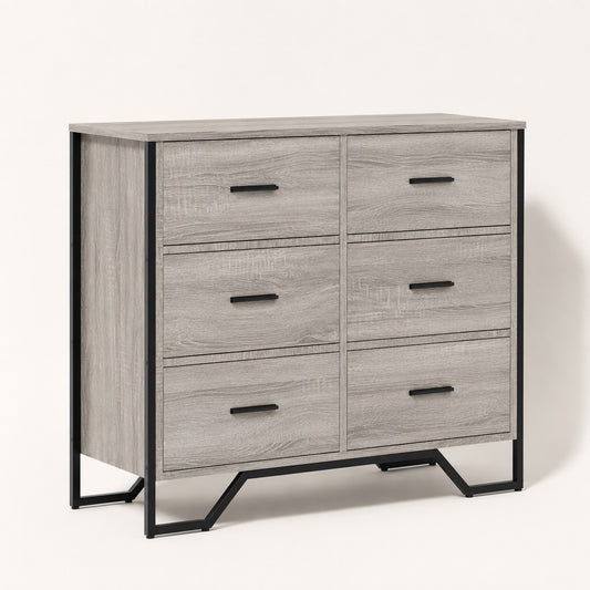 Commode grise Oslo à 6 tiroirs avec finition effet bois et structure en métal noir, style industriel
