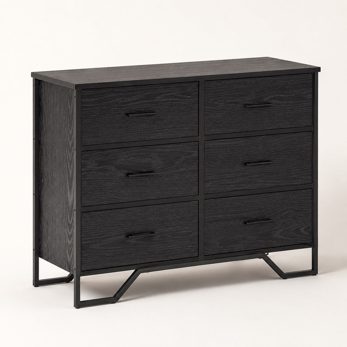 Commode noire Oslo à 6 tiroirs, finition effet bois noir et structure en métal au style industriel moderne