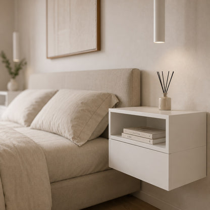 Vue rapprochée d'une table de chevet suspendue blanche au design contemporain avec espace de rangement.