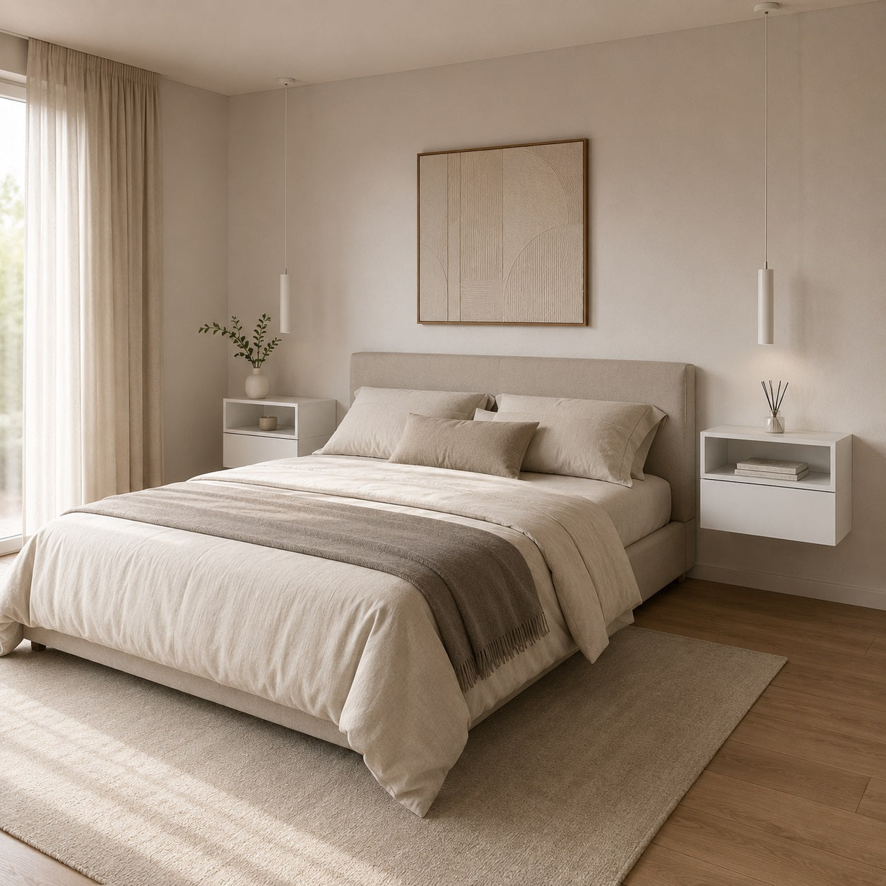 Table de chevet suspendue blanche dans une chambre moderne et lumineuse au style minimaliste.