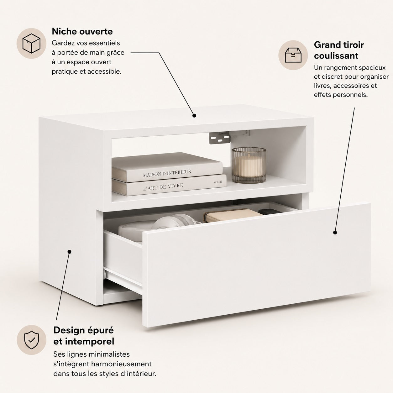 Table de chevet suspendue blanche avec niche ouverte et grand tiroir coulissant pour un rangement pratique.