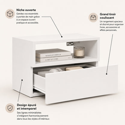 Table de chevet suspendue blanche avec niche ouverte et grand tiroir coulissant pour un rangement pratique.