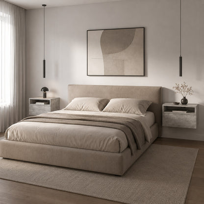 Table de chevet suspendue finition béton intégrée dans une chambre moderne au style épuré.