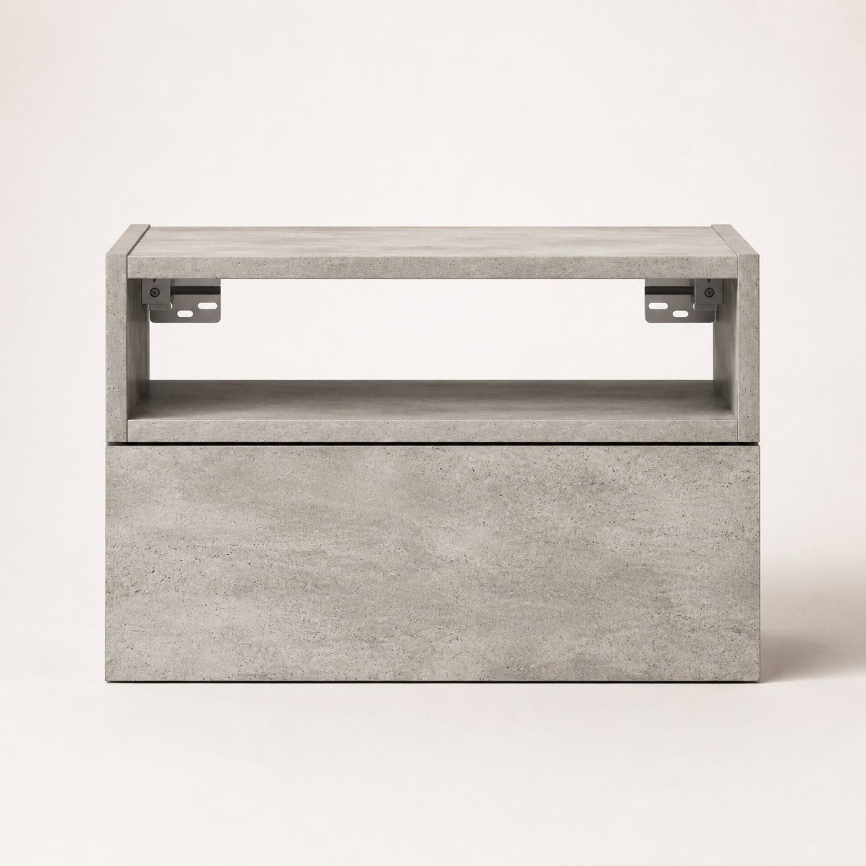 Table de chevet suspendue finition béton avec niche ouverte et grand tiroir au design contemporain