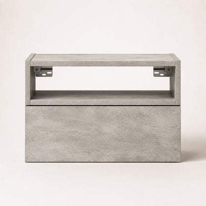 Table de chevet suspendue finition béton avec niche ouverte et grand tiroir au design contemporain