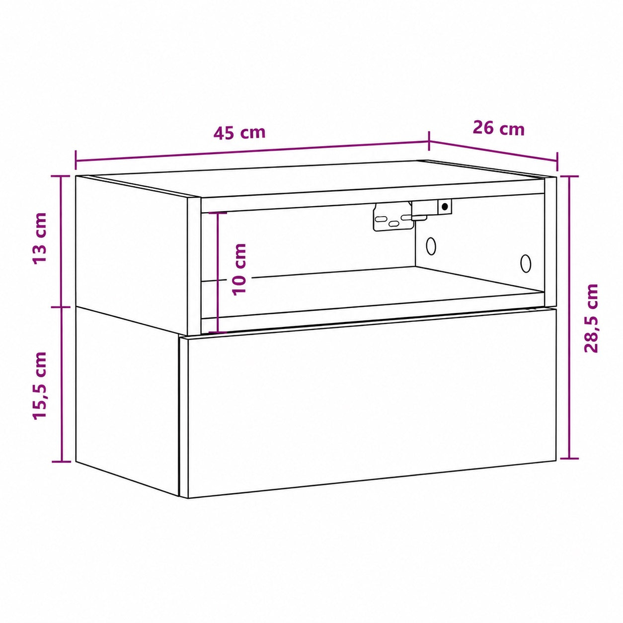 Schéma des dimensions de la table de chevet suspendue avec niche ouverte et grand tiroir de rangement.