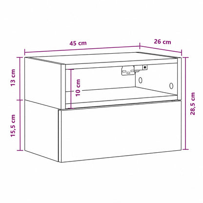 Schéma des dimensions de la table de chevet suspendue avec niche ouverte et grand tiroir de rangement.