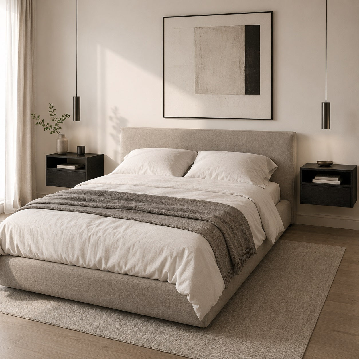Table de chevet suspendue noire intégrée dans une chambre moderne au style minimaliste et élégant.