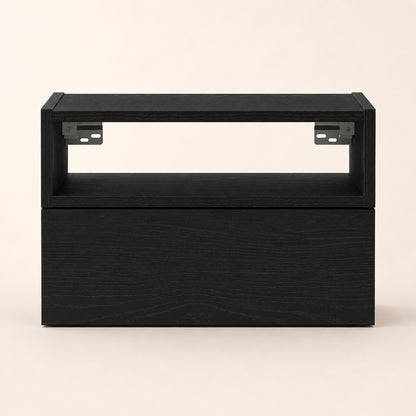 Vue de face d'une table de chevet suspendue noire avec niche ouverte et grand tiroir de rangement.