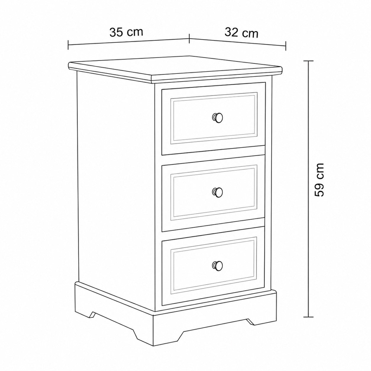 Schéma d'une table de chevet vintage blanche avec dimensions en centimètres.