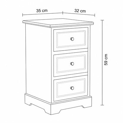Schéma d'une table de chevet vintage blanche avec dimensions en centimètres.
