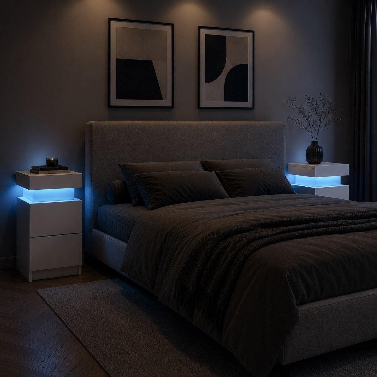 Table de chevet blanche avec led dans une chambre moderne, éclairage d'ambiance et design épuré.