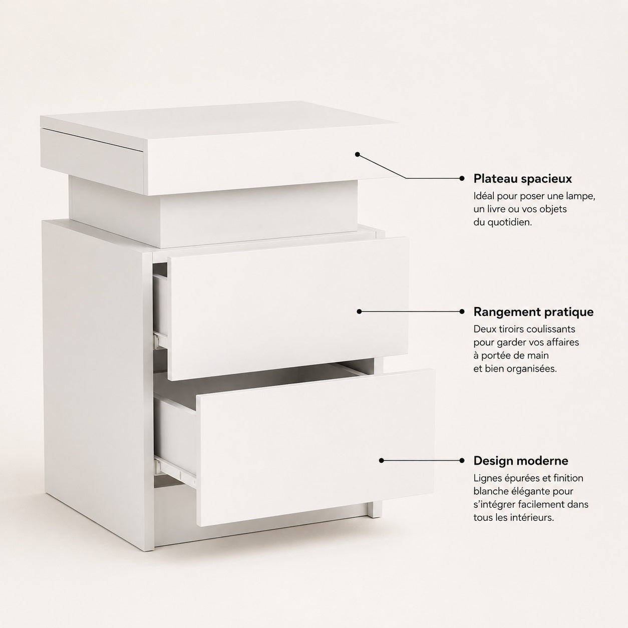 Table de chevet blanche avec led et deux tiroirs, design moderne avec rangements pratiques.