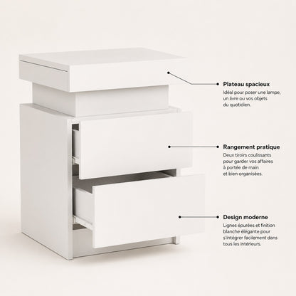 Table de chevet blanche avec led et deux tiroirs, design moderne avec rangements pratiques.