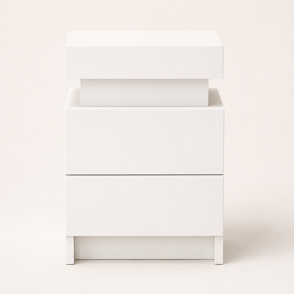 Table de chevet blanche avec led, meuble de chambre moderne à deux tiroirs au style épuré.