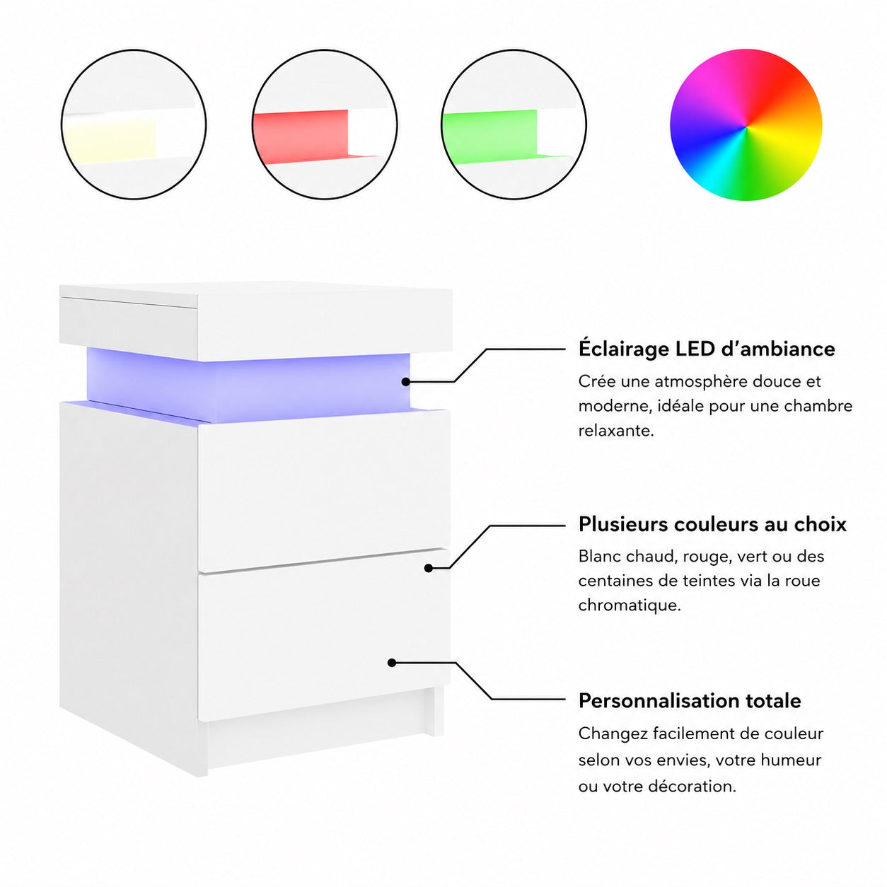 Table de chevet blanche avec led multicolore, éclairage d'ambiance personnalisable pour la chambre.