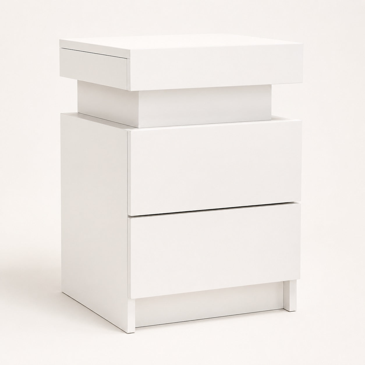 Table de chevet blanche avec led, design moderne et deux tiroirs pour une chambre élégante.
