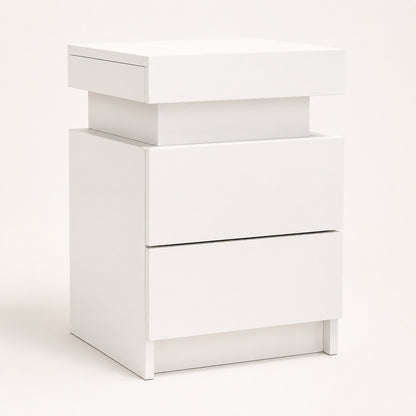 Table de chevet blanche avec led, design moderne et deux tiroirs pour une chambre élégante.