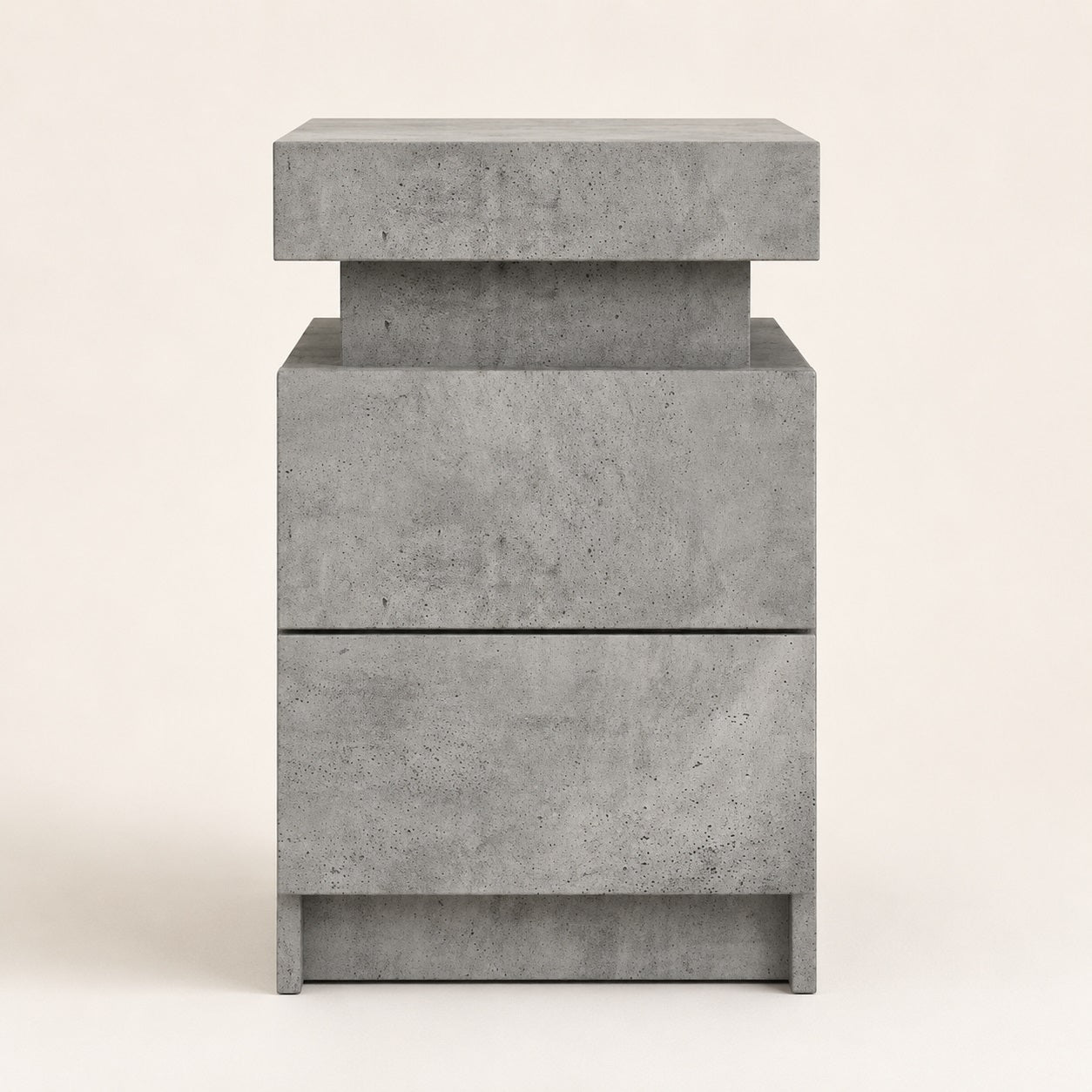 Table de chevet blanche avec led finition béton, design moderne à deux tiroirs pour une chambre contemporaine.