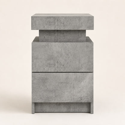Table de chevet blanche avec led finition béton, design moderne à deux tiroirs pour une chambre contemporaine.