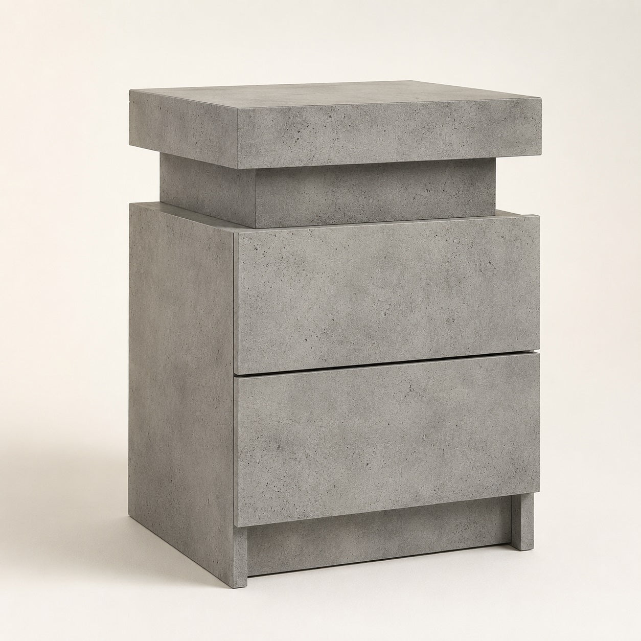 Table de chevet avec led finition béton gris, design contemporain à deux tiroirs pour chambre.
