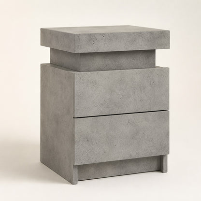 Table de chevet avec led finition béton gris, design contemporain à deux tiroirs pour chambre.