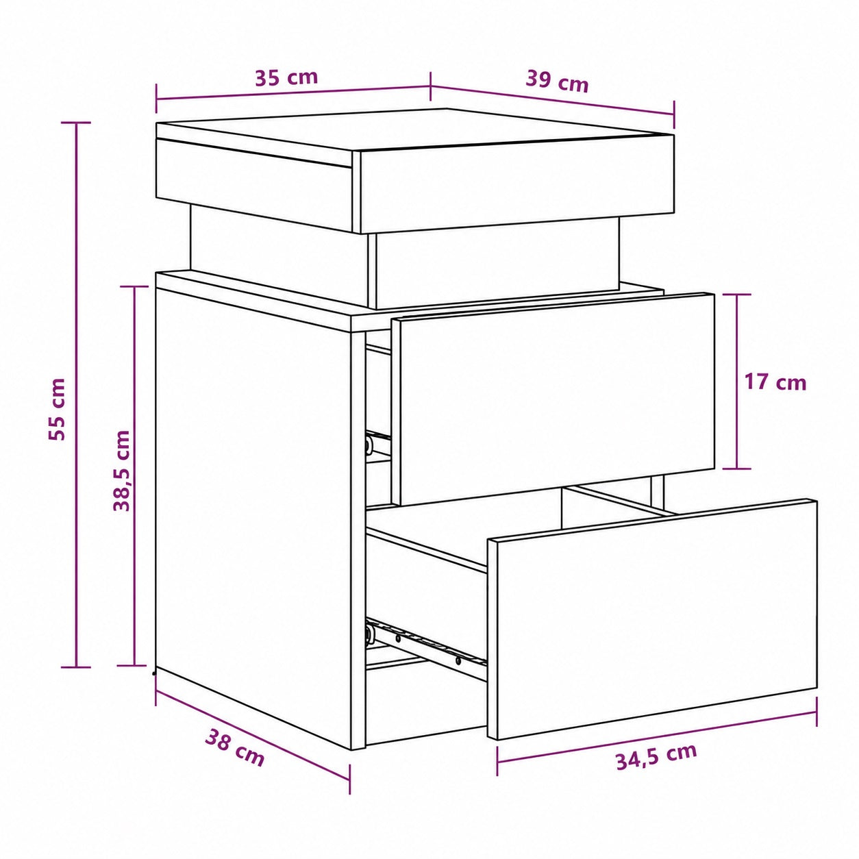 Dimensions d'une table de chevet design avec tiroir, compacte