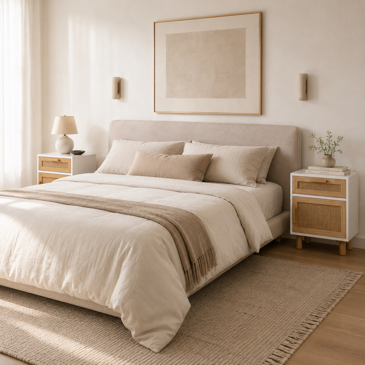 Table de chevet blanche avec cannage intégrée dans une chambre au style naturel et contemporain.